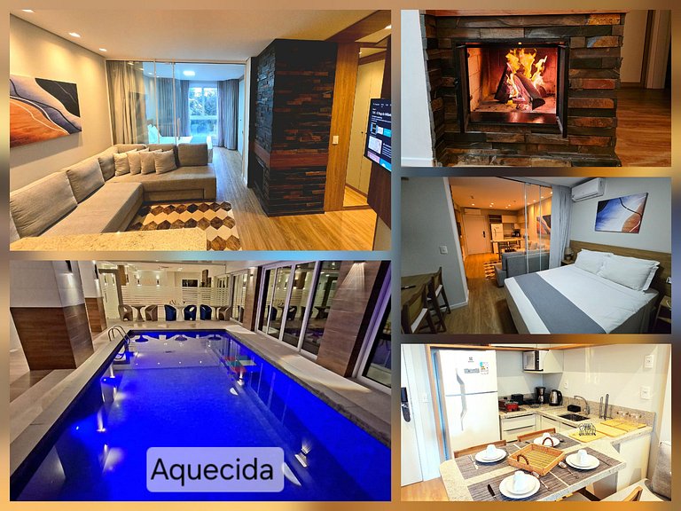 Flat Luxo com Lareira e Piscina em Canela